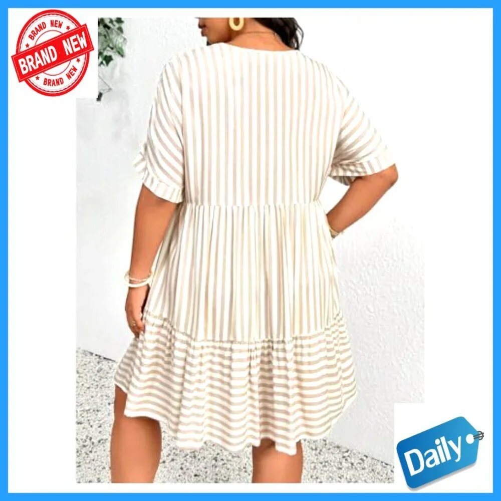 Plus Size Striped Ruffle Dress Deep V Neck Half Sleeve Flowy Babydoll - Picture 2 of 5
